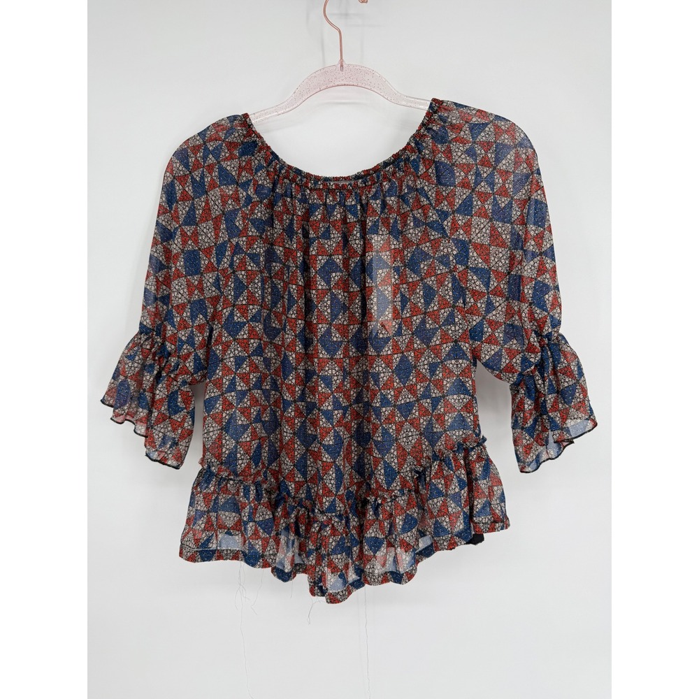 Petticoat Alley Boho Print Ruffle Bell Sleeve Peasant Blouse Womens Sz M Blue